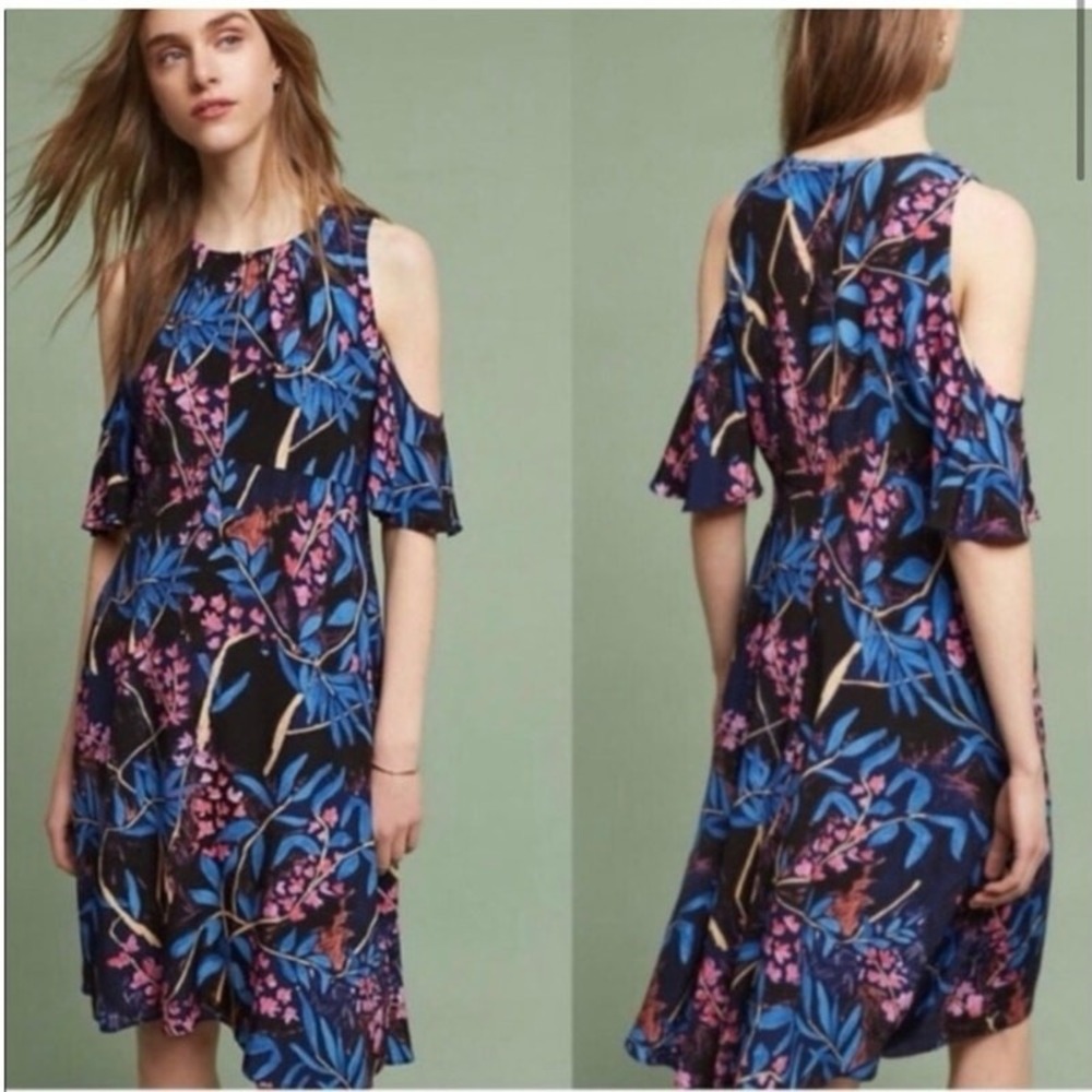 Anthropologie Maeve Elia Blue Pink Floral Cold Shoulder Dress Size 10